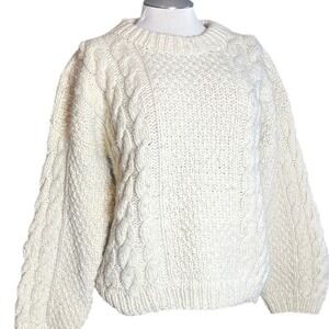 Cream Cable Knit Wool Sweater Crew Neck Long Sleeve Cozy Warm